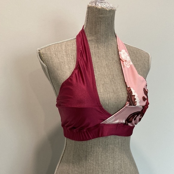 Halter Floral Burgundy Swim Bikini Top Large - Picture 2 of 12